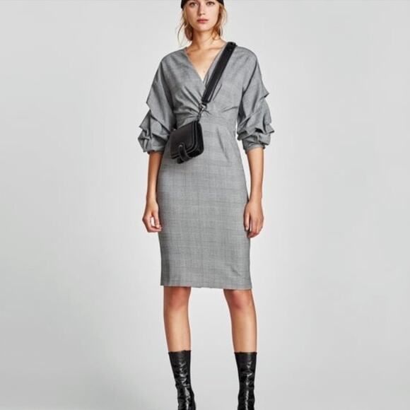 Zara Dresses & Skirts - Zara Sheath Dress Midi Black Plaid Puffy Statement Sleeves Womens L